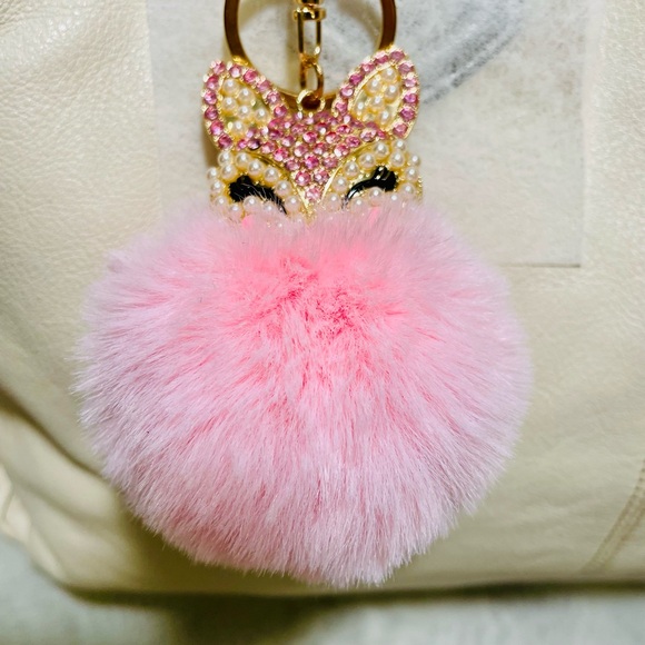 Accessories - Bag Charm or Key Chain Pink Rhinestone and Pearl Fox with Pom Pom, NWOT